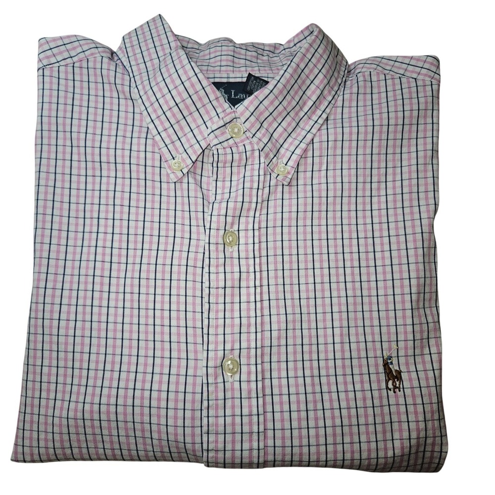 Ralph Lauren‎ Shirt Mens XL Flesh Pony Pink Blue Plaid Classic Fit Work Academia